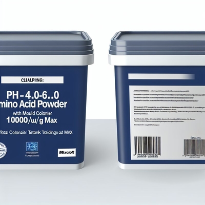 Poudre d'acides aminés pH 4,0-6,0 avec moisissures 25 UFC/g Max, Flore totale 1000 UFC/g Max