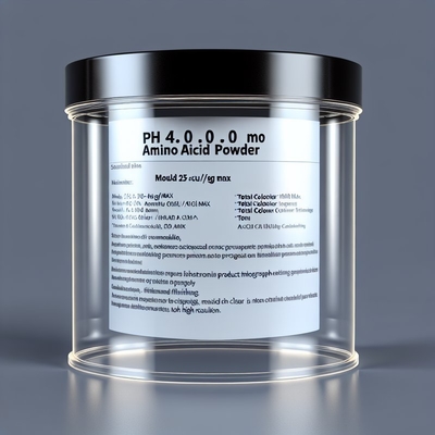 Poudre d'acides aminés pH 4,0-6,0 avec moisissures 25 UFC/g Max, Flore totale 1000 UFC/g Max